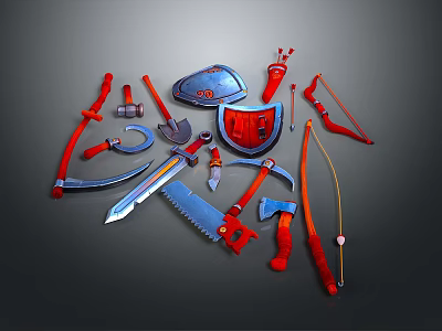 Red And Silver Medieval Weapons Including Sword Axe Bow Shield And Scythe 3d model