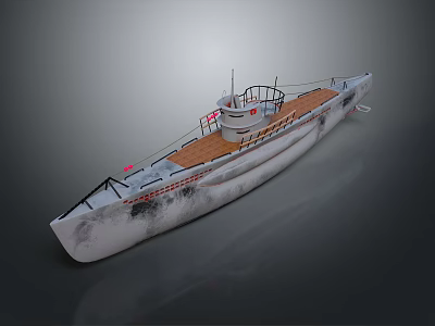 Vintage Style Submarine Featuring Wooden Deck White Hull Railing And Antenna 3d model