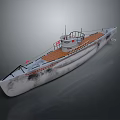 Vintage Style Submarine Featuring Wooden Deck White Hull Railing And Antenna