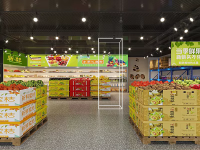 Supermarket Grocery Fresh Fruit Section With Seasonal Fruits Shelves And Wooden Crates 3d model