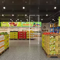 Supermarket Grocery Fresh Fruit Section With Seasonal Fruits Shelves And Wooden Crates