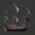 Detailed Wooden Sailing Ship Model With Striped Sails And Decorative Flags