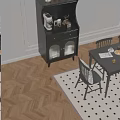 Black Sideboard Cabinet with Glass Doors and Decorative Items Including Coffee Machine on Top