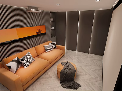 Modern Home Theater Interior With Orange Sofa Striped Wall And Decorative Painting 3d model