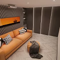 Modern Home Theater Interior With Orange Sofa Striped Wall And Decorative Painting