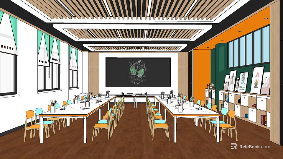 School Art Classroom Interior With Desks Chairs Blackboard Bookshelves And Colorful Walls 3d model 