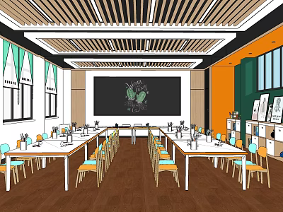 School Art Classroom Interior With Desks Chairs Blackboard Bookshelves And Colorful Walls 3d model