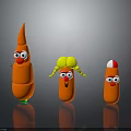 Three Playful Cartoon Carrot Characters With Funny Faces And Decorative Details