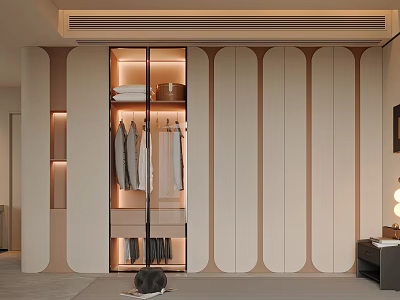 Modern Wardrobe With Glass Door Hanging Clothes And Storage Baskets For Organized Bedroom 3d model