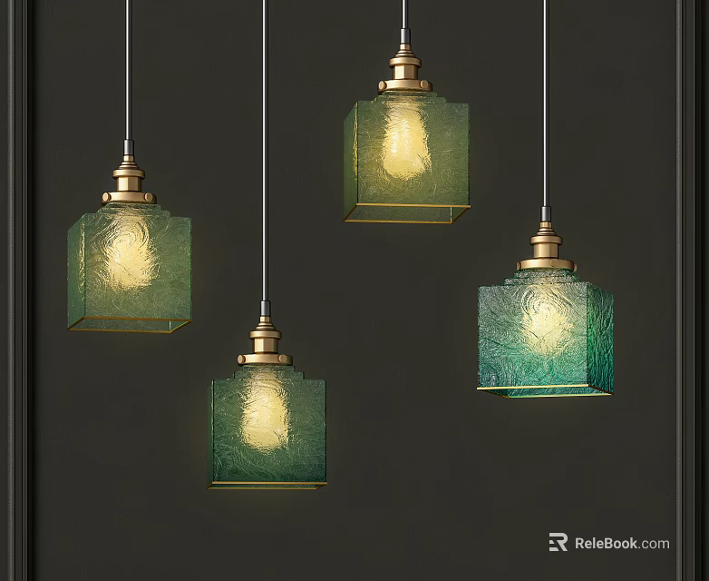 Four Elegant Green Glass Pendant Lights With Brass Base For Dark Background Decor 3d model 