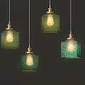 Four Elegant Green Glass Pendant Lights With Brass Base For Dark Background Decor