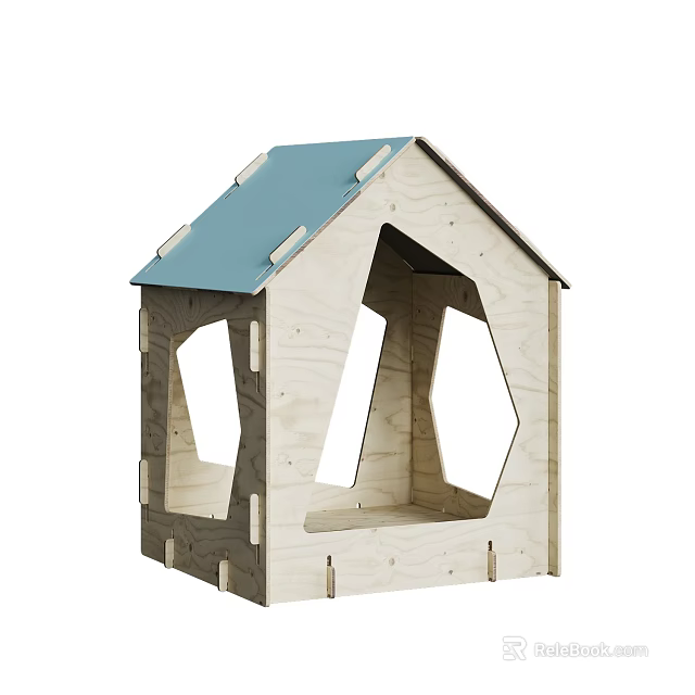 Wooden Pet Cage With Blue Roof House Shaped Design And Hexagonal Windows 3d model 