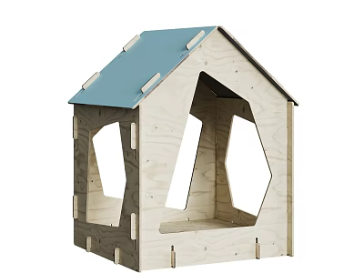 Wooden Pet Cage With Blue Roof House Shaped Design And Hexagonal Windows 3d model