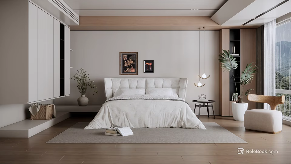 Modern Minimalist Bedroom Interior With Tufted Headboard White Bedding Decorative Paintings And Wooden Flooring 3d model 