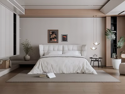 Modern Minimalist Bedroom Interior With Tufted Headboard White Bedding Decorative Paintings And Wooden Flooring 3d model