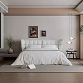Modern Minimalist Bedroom Interior With Tufted Headboard White Bedding Decorative Paintings And Wooden Flooring