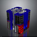 Character And Alien Creature With Blue Red Cubes Vent White Label On Black Reflective Surface