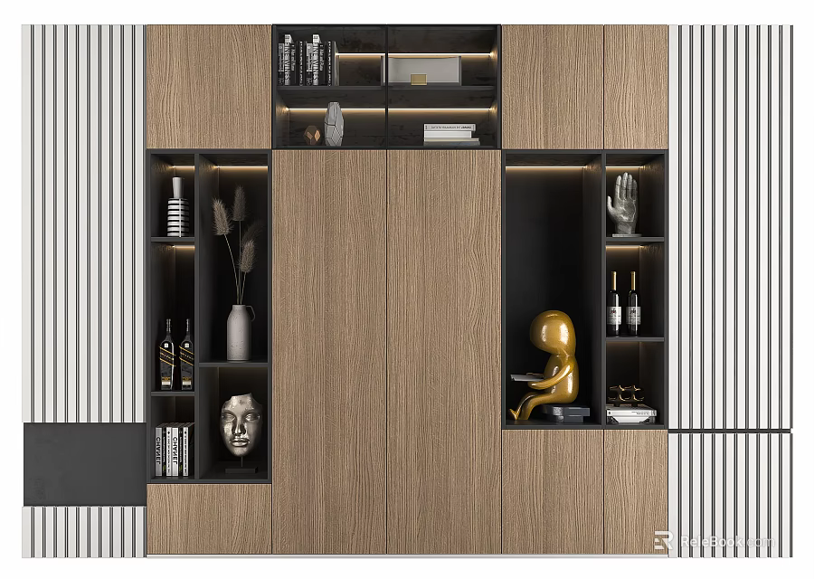 Modern Wooden Decorative Cabinet With Open Shelves Vases Sculptures And Books In Interior Design 3d model 