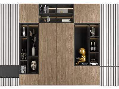 Modern Wooden Decorative Cabinet With Open Shelves Vases Sculptures And Books In Interior Design 3d model