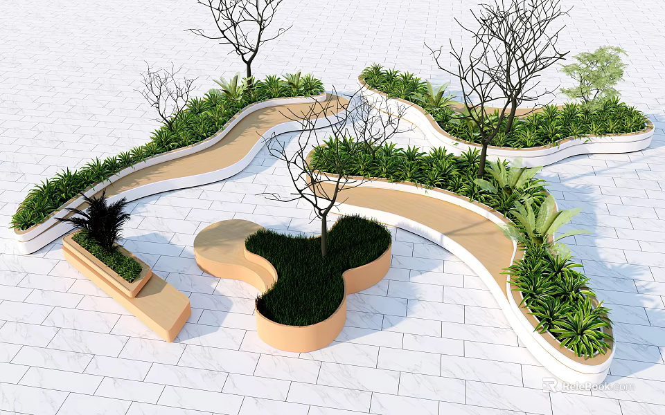 Creative Tree Pit Design With Curved Path And Lush Green Plants In Outdoor Space 3d model 