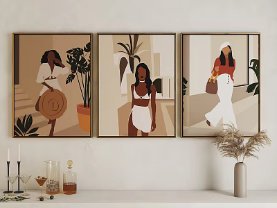 Three Character Paintings Hanging On Wall With Indoor Plants And Modern Characters 3d model