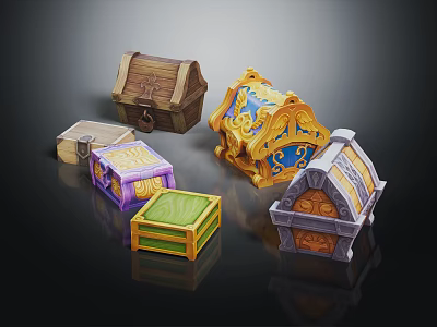 Colorful Decorative Treasure Chests With Intricate Patterns Wooden And Metal Details 3d model