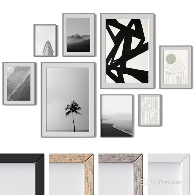 Stylish Photo Frames Displaying Black White Artworks And Palm Tree For Wall Decor 3d model 