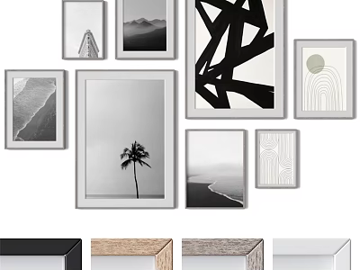 Stylish Photo Frames Displaying Black White Artworks And Palm Tree For Wall Decor 3d model