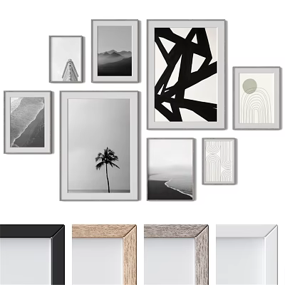 Stylish Photo Frames Displaying Black White Artworks And Palm Tree For Wall Decor 3d model
