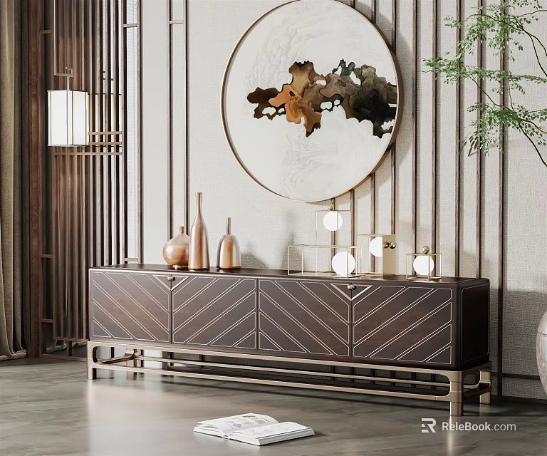 Modern Wooden TV Stand With Geometric Pattern Metal Frame Ornaments Round Decorative Painting And Plant 3d model 