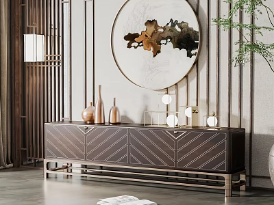 Modern Wooden TV Stand With Geometric Pattern Metal Frame Ornaments Round Decorative Painting And Plant 3d model