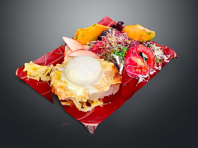 Colorful Plated Food with Fried Egg Fresh Vegetables and Fruits on Red Placemat 3d model