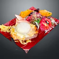 Colorful Plated Food with Fried Egg Fresh Vegetables and Fruits on Red Placemat