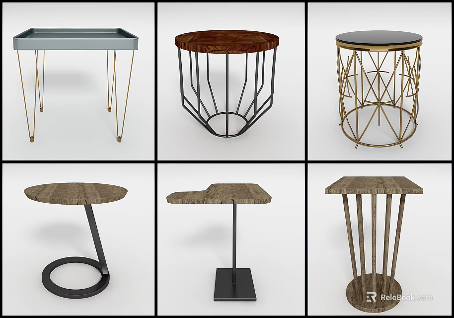 Modern Side Tables With Various Metal Frames And Wooden Top Designs 3d model 