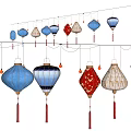 Colorful Hanging Lanterns with Blue Red White Designs and Traditional Patterns 3d model