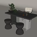 Modern Tea Table and Chairs with Transparent Legs Round Wooden Stools Plants and Tea Sets