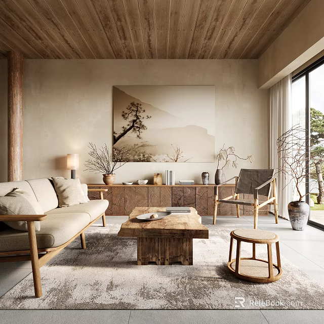 Natural Living Room Interior With Wooden Ceiling Beige Sofa Tree Painting And Floor-to-Ceiling Windows 3d model 
