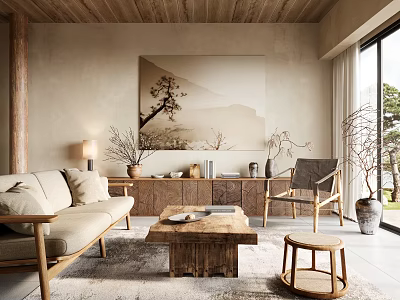 Natural Living Room Interior With Wooden Ceiling Beige Sofa Tree Painting And Floor-to-Ceiling Windows 3d model