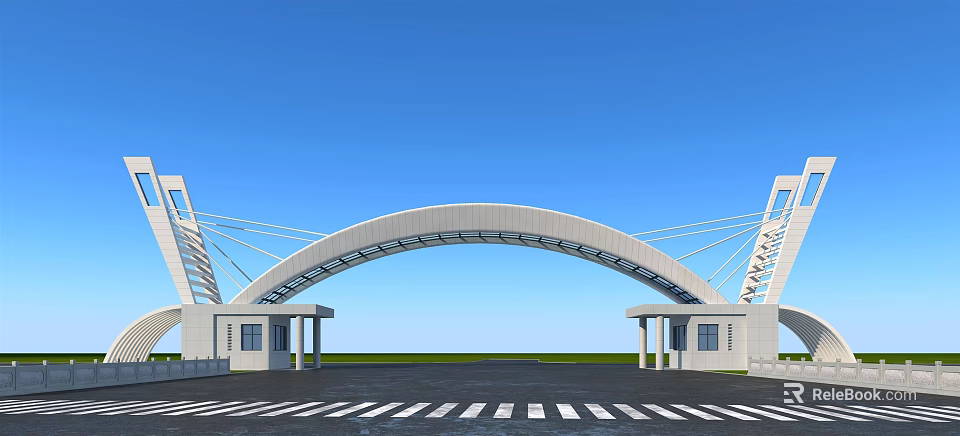 Modern Arch Entrance Gate with Symmetrical Pillars and Metal Frame Under Blue Sky 3d model 