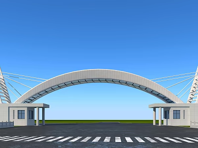 Modern Arch Entrance Gate with Symmetrical Pillars and Metal Frame Under Blue Sky 3d model