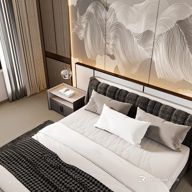 Double Bed With Decorative Wall Art White Grey Pillows Nightstand And Table Lamp 3d model 