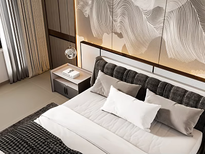 Double Bed With Decorative Wall Art White Grey Pillows Nightstand And Table Lamp 3d model