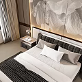 Double Bed With Decorative Wall Art White Grey Pillows Nightstand And Table Lamp