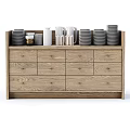 Wooden Buffet Cabinet With Multiple Drawers And Various Dinnerware On Top 3d model