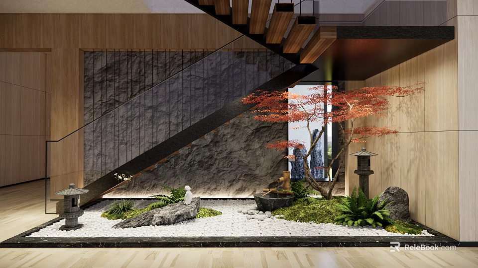 Modern Interior Landscape With Staircase Rockery Red Maple And Stone Lantern 3d model