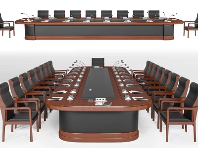 Long Wooden Conference Table With Black Surface Microphones And Surrounding Chairs 3d model