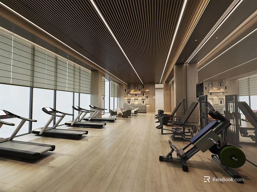 Spacious Modern Fitness Gym With Treadmills Exercise Equipment Large Windows And Wooden Flooring 3d model 