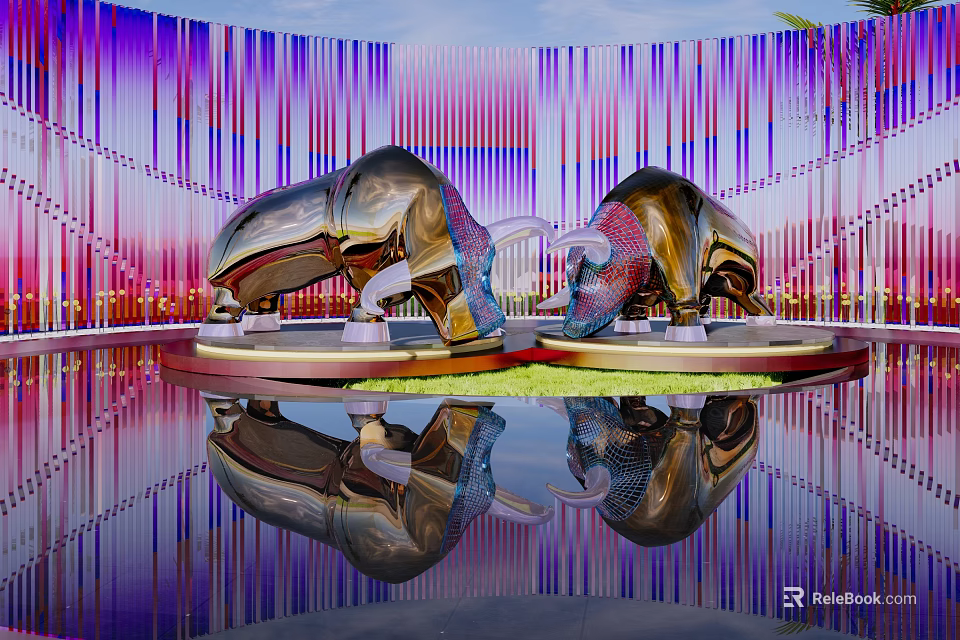 Two Metallic Bull Shaped Sculptures With Purple Pink Striped Background Circular Platforms And Water Reflections 3d model 