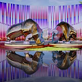 Two Metallic Bull Shaped Sculptures With Purple Pink Striped Background Circular Platforms And Water Reflections