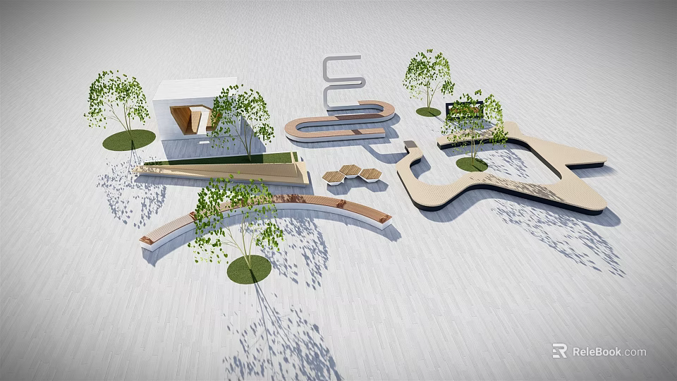 Modern Curved Landscape Seats With Green Trees And Architectural Model 3d model